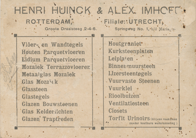 712316 Reclamebriefkaart van Henri Huinck & Alex. Imhoff, Spiegelruiten, Spiegelglas, Vloerglas, etc., Groote ...
